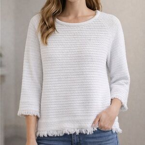 Kinross White Textured Crew Neck Sweater Cotton Fringe Top LARGE EUC